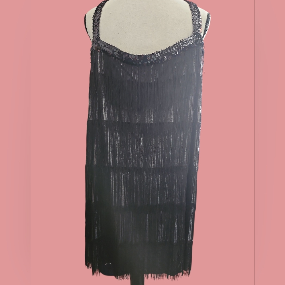 Chic Black Fringe w/ Sequins Midi Dress - Picture 2 of 3